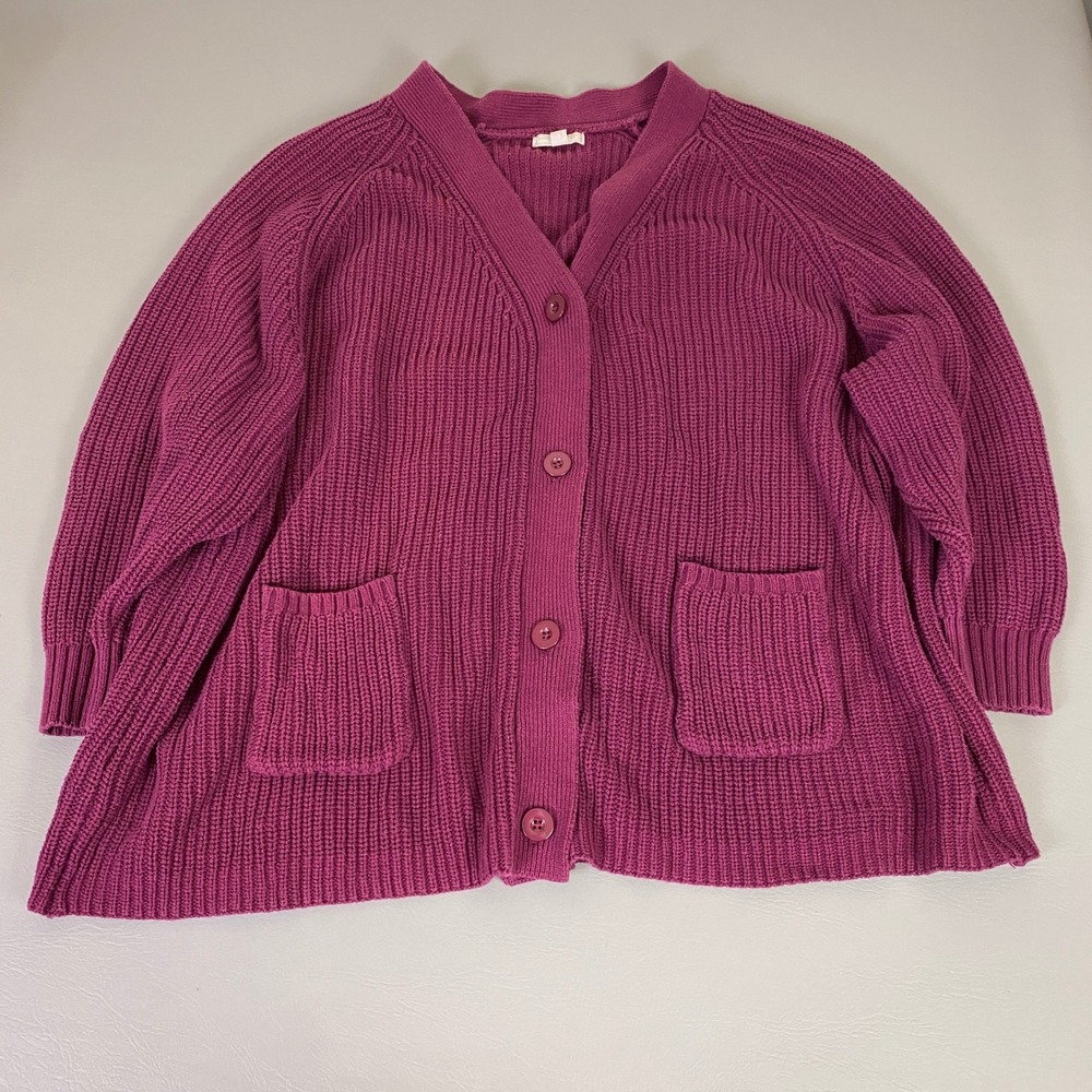 Woman Within Cardigan Sweater Women's Plus 3X Fuchsia Ribbed Knit Button Pockets